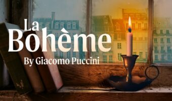 Poster for "La Boheme," featuring a candle in front of a window in an interior setting.